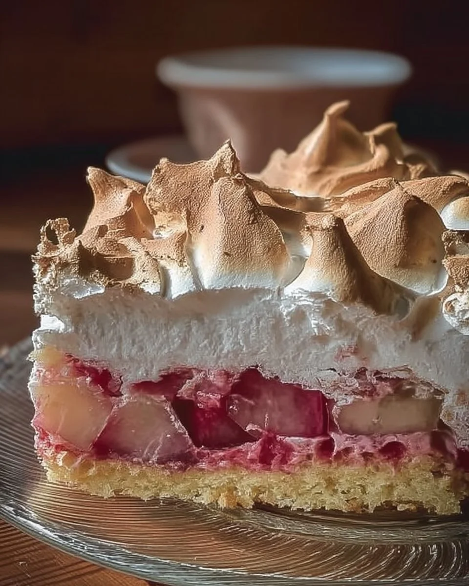 Schnitt von Rhabarber Baiser Kuchen auf einem Teller