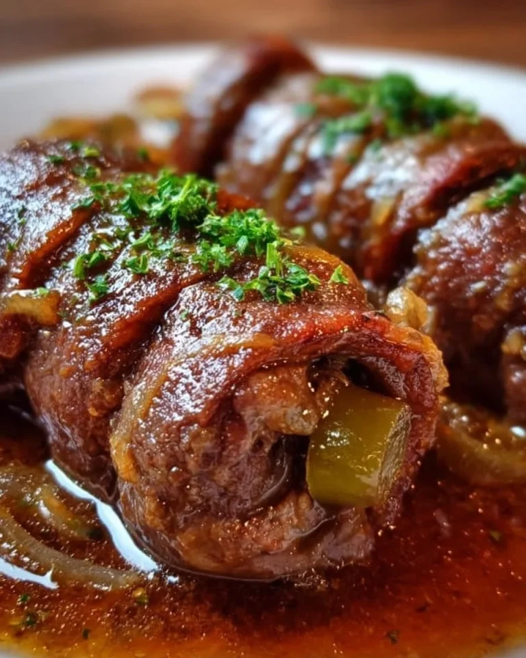 Zarte Rinderrouladen gefüllt mit herzhafter Füllung auf einem Teller serviert.