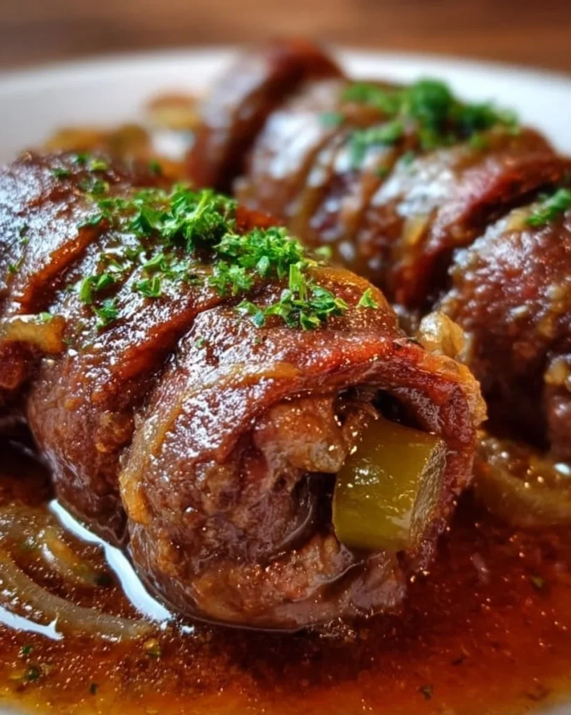 Zarte Rinderrouladen gefüllt mit herzhafter Füllung auf einem Teller serviert.