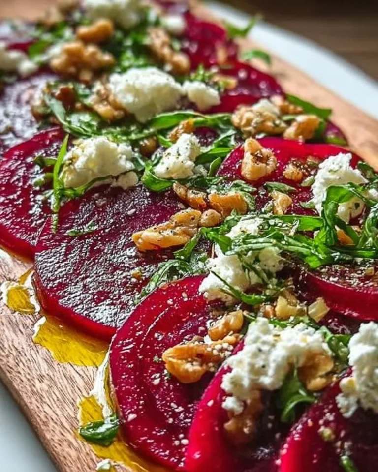 Rote-Bete-Carpaccio mit frischen Kräutern und Dressing auf dem Teller