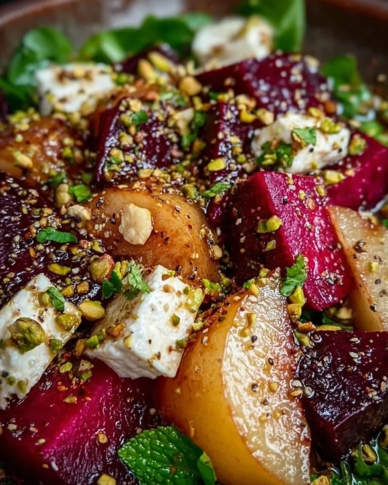 Rote-Bete-Salat mit karamellisierter Birne, Feta und Pistazien-Crunch auf einem Teller