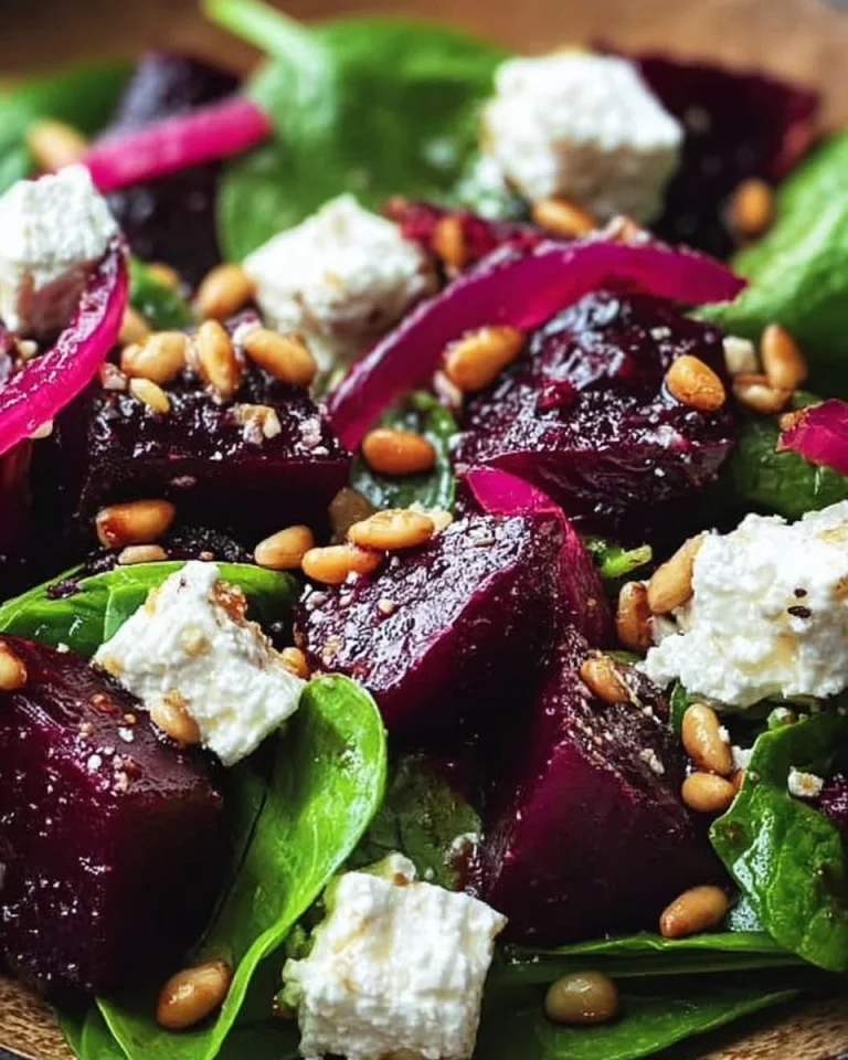 Rote-Bete-Salat mit Ziegenkäse und Spinat, garniert mit gerösteten Pinienkernen.