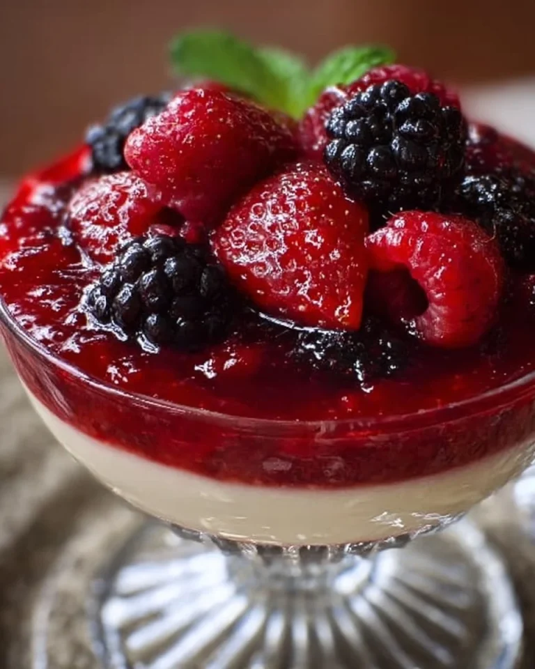 Delikate Rote Grütze aus frischen Beeren serviert mit Vanillesoße.