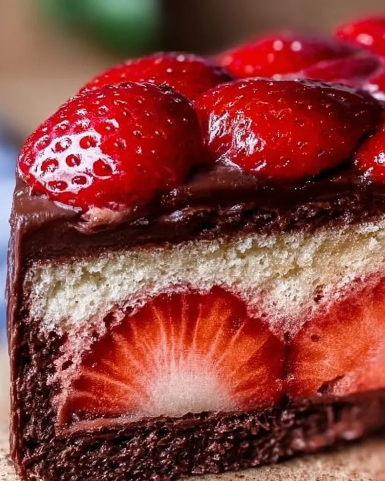 Saftige Erdbeer-Donauwelle mit frischen Erdbeeren auf einem Teller serviert