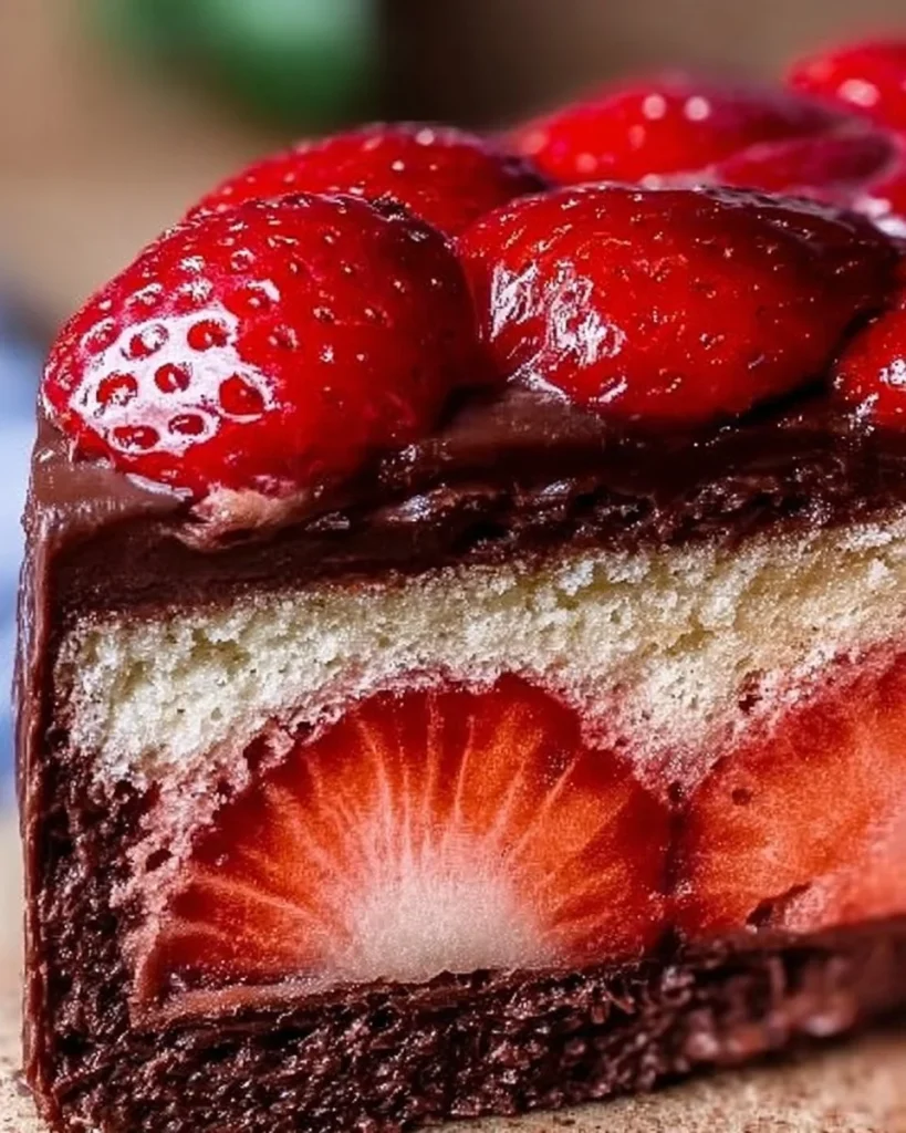 Saftige Erdbeer-Donauwelle mit frischen Erdbeeren auf einem Teller serviert