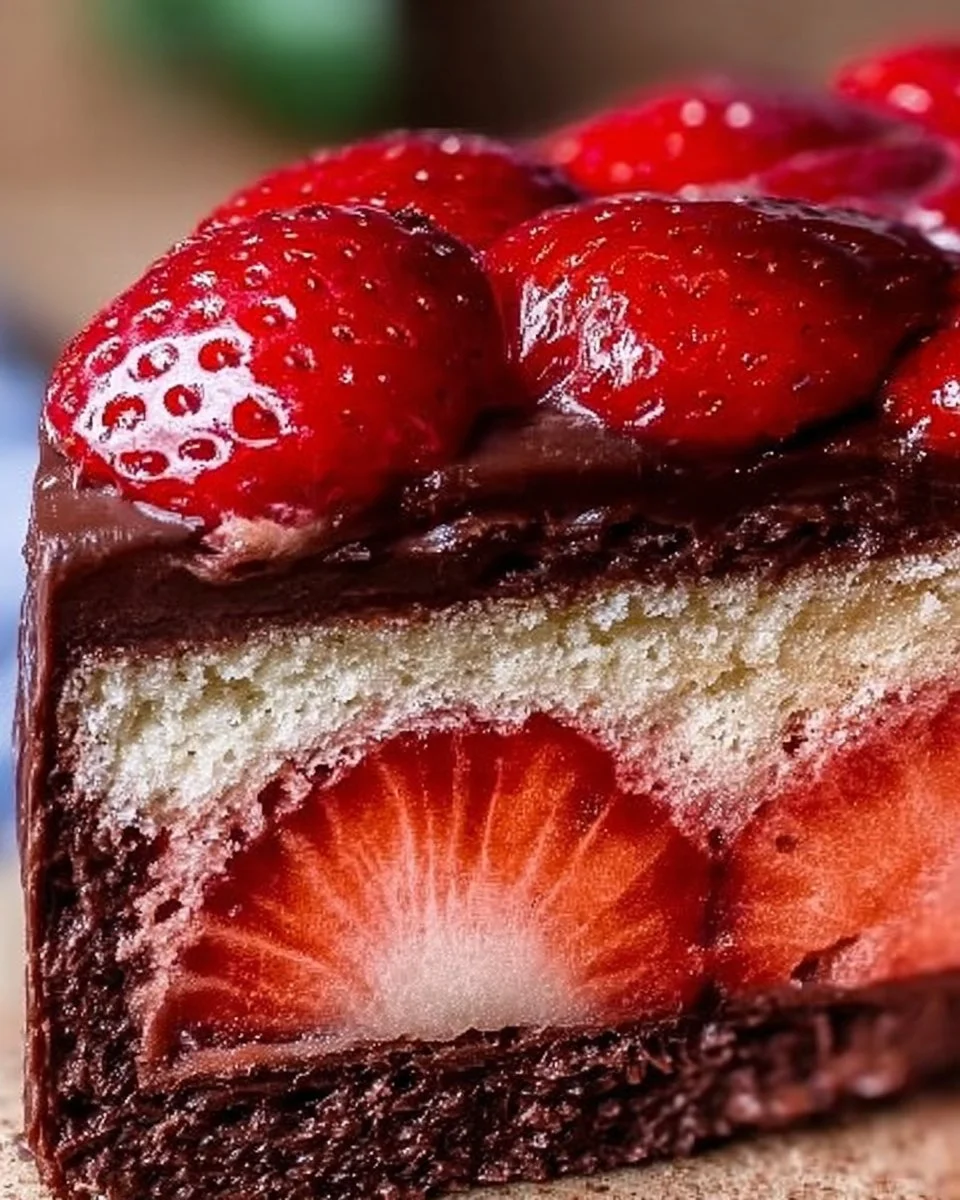 Saftige Erdbeer-Donauwelle mit frischen Erdbeeren auf einem Teller serviert