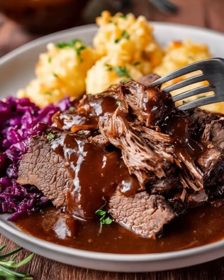 Sauerbraten mit Rotweinsauce serviert auf einem Teller