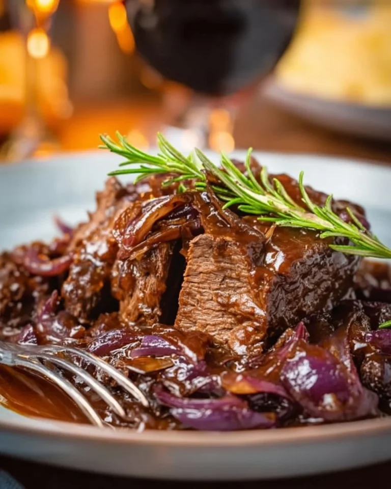 Schmortopf Sauerbraten serviert mit Beilagen auf einem Teller