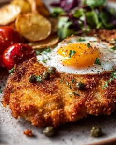 Schnitzel Holstein mit Rührei und Sardellen auf einem Teller serviert.
