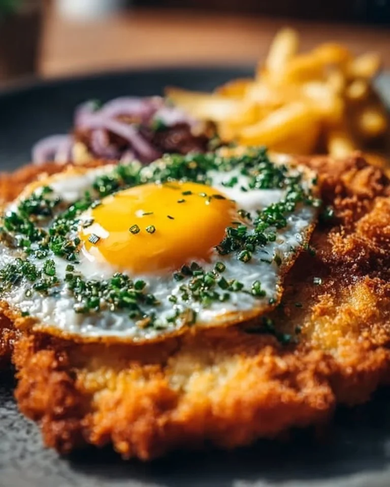 Schnitzel Holstein mit Spiegelei und Kapern auf einem Teller serviert