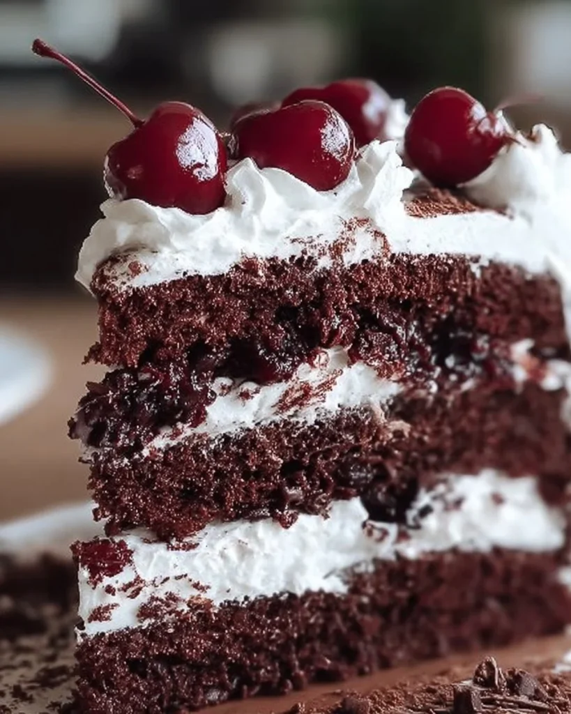 Schwarzwälder Kirschtorte mit Sahne und Kirschen auf weißem Teller