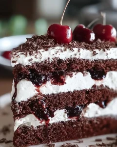 Eine köstliche Schwarzwälder Kirschtorte mit Schokolade, Kirschen und Sahne.