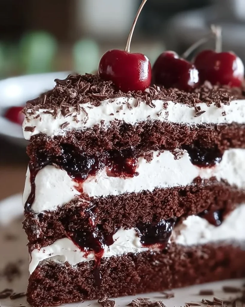 Eine köstliche Schwarzwälder Kirschtorte mit Schokolade, Kirschen und Sahne.