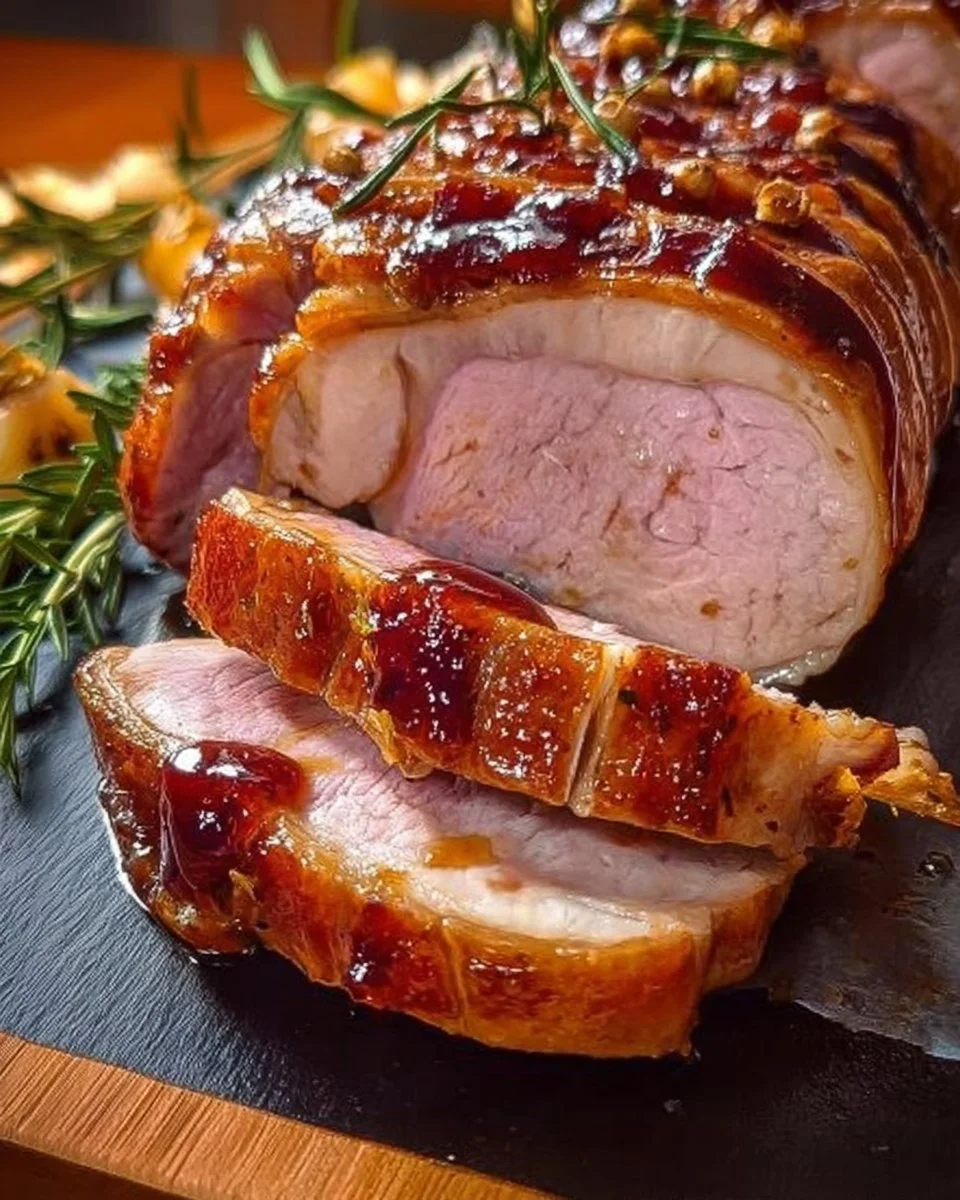 Schweinebraten mit Honigmarinade auf einem Holzbrett serviert