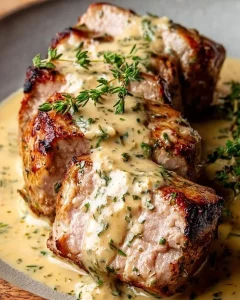 Schweinefilet Dijon Creme auf einem Teller