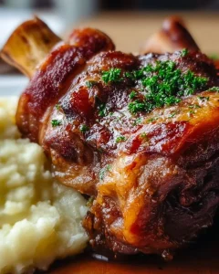 Schweinehaxe mit knuspriger Haut und Beilagen auf einem rustikalen Tisch.