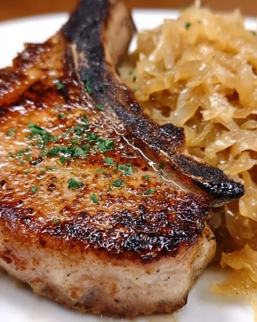 Schweinekoteletts mit Sauerkraut auf einem Teller serviert