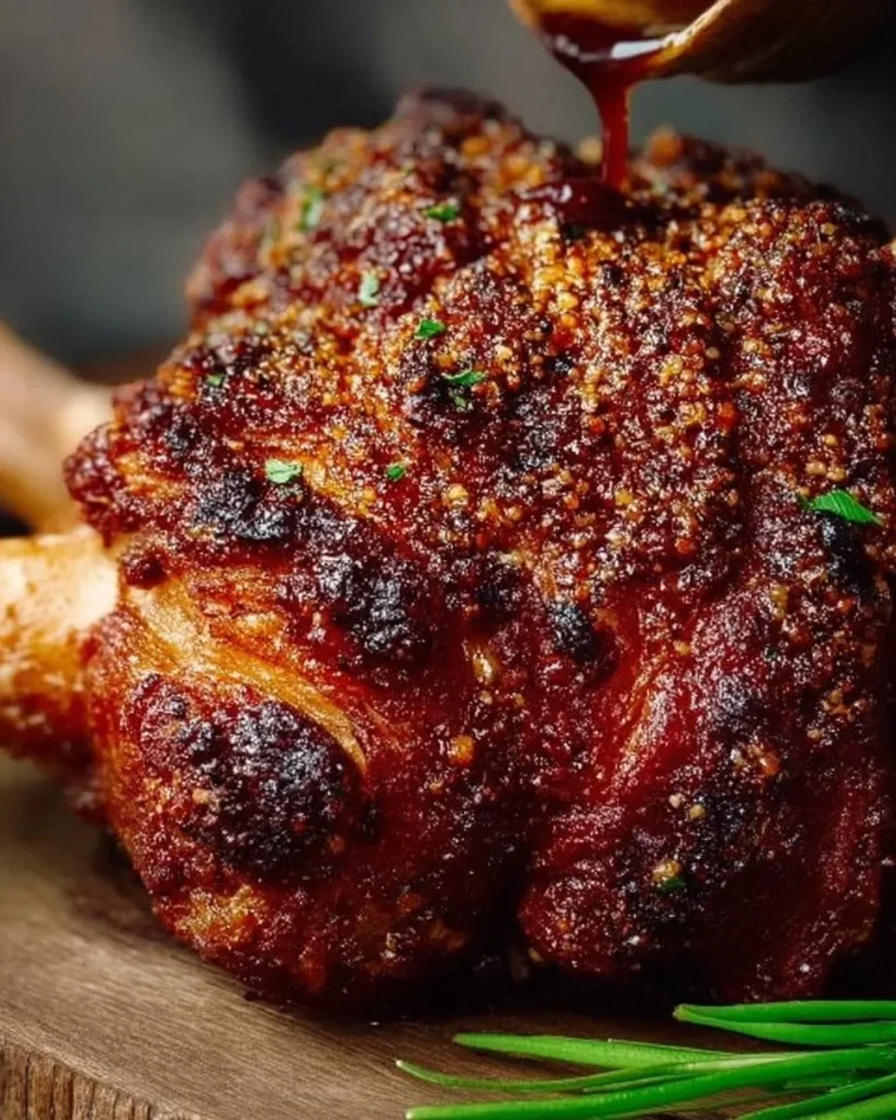 Schweinshaxe mit goldbrauner Bierkruste auf einem Teller serviert