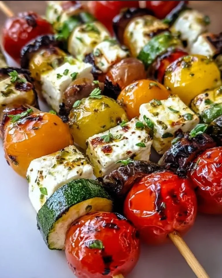 Sommerliche Antipasti-Spieße mit Feta und buntem Gemüse auf einem Holzspieß