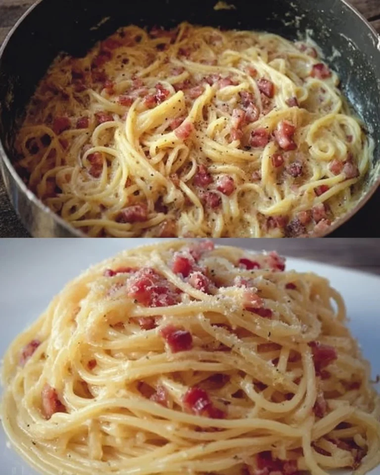 Ein Teller Spaghetti Carbonara mit Speck und Käse, serviert auf einem Holzbrett.
