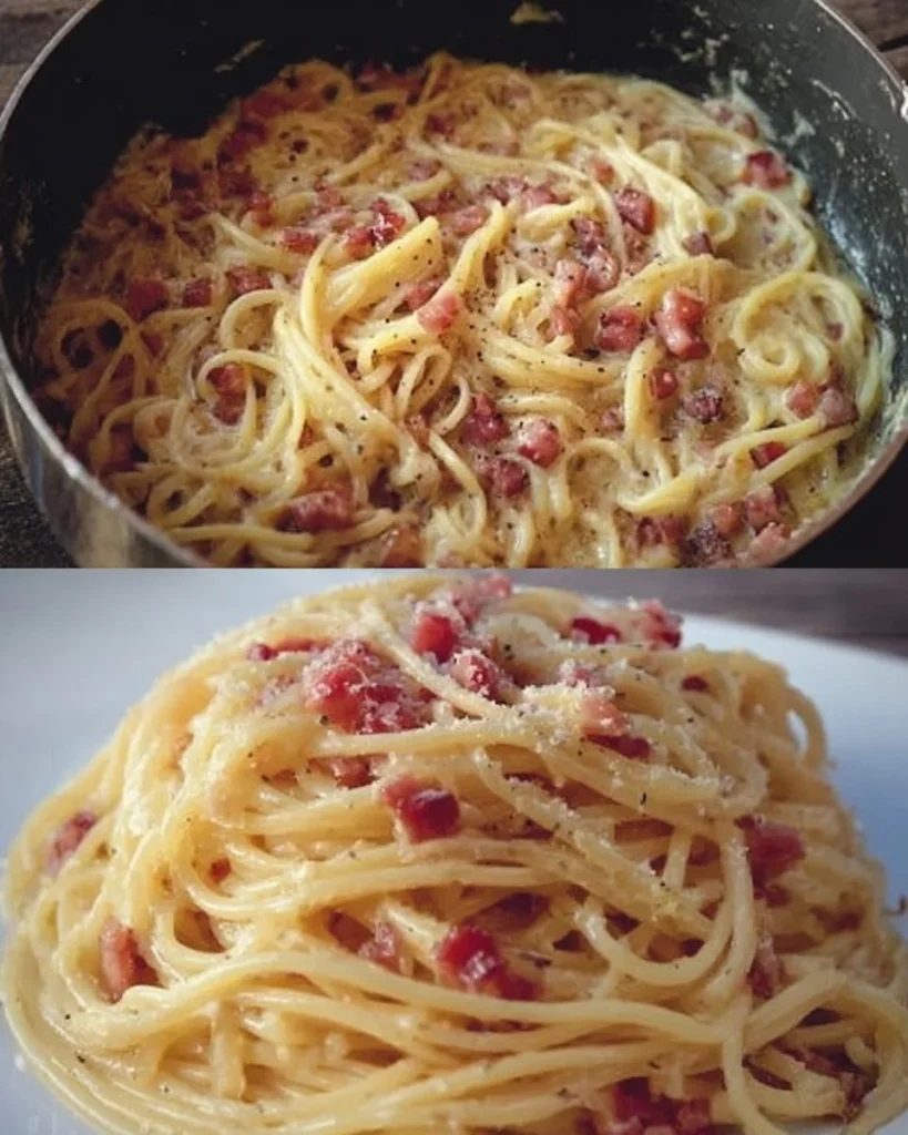 Ein Teller Spaghetti Carbonara mit Speck und Käse, serviert auf einem Holzbrett.