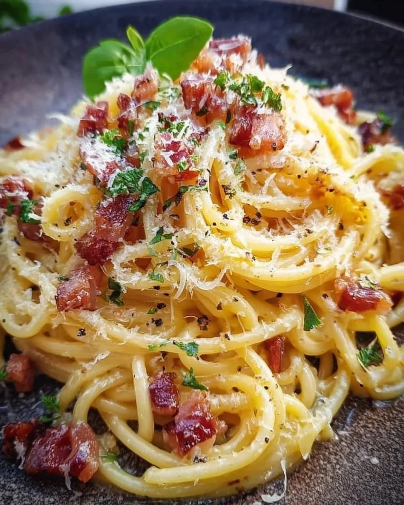 Schüssel mit Spaghetti Carbonara, garniert mit Parmesan und schwarzem Pfeffer