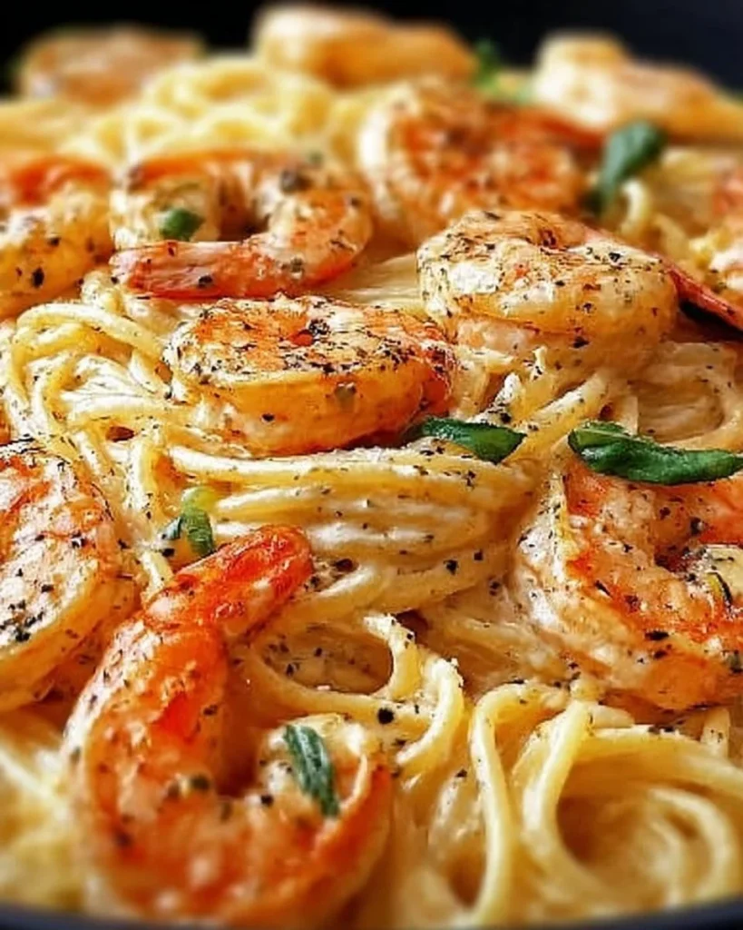 Spaghetti mit Shrimp in einer cremigen Frischkäse-Sauce ansprechend serviert