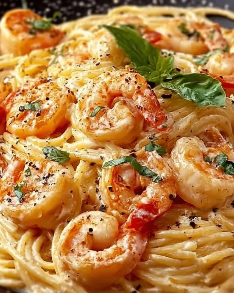 Spaghetti mit Shrimps in cremiger Mascarpone-Sauce serviert