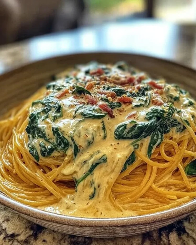 Spaghetti mit Spinatsauce und Frischkäse auf einem Teller serviert.