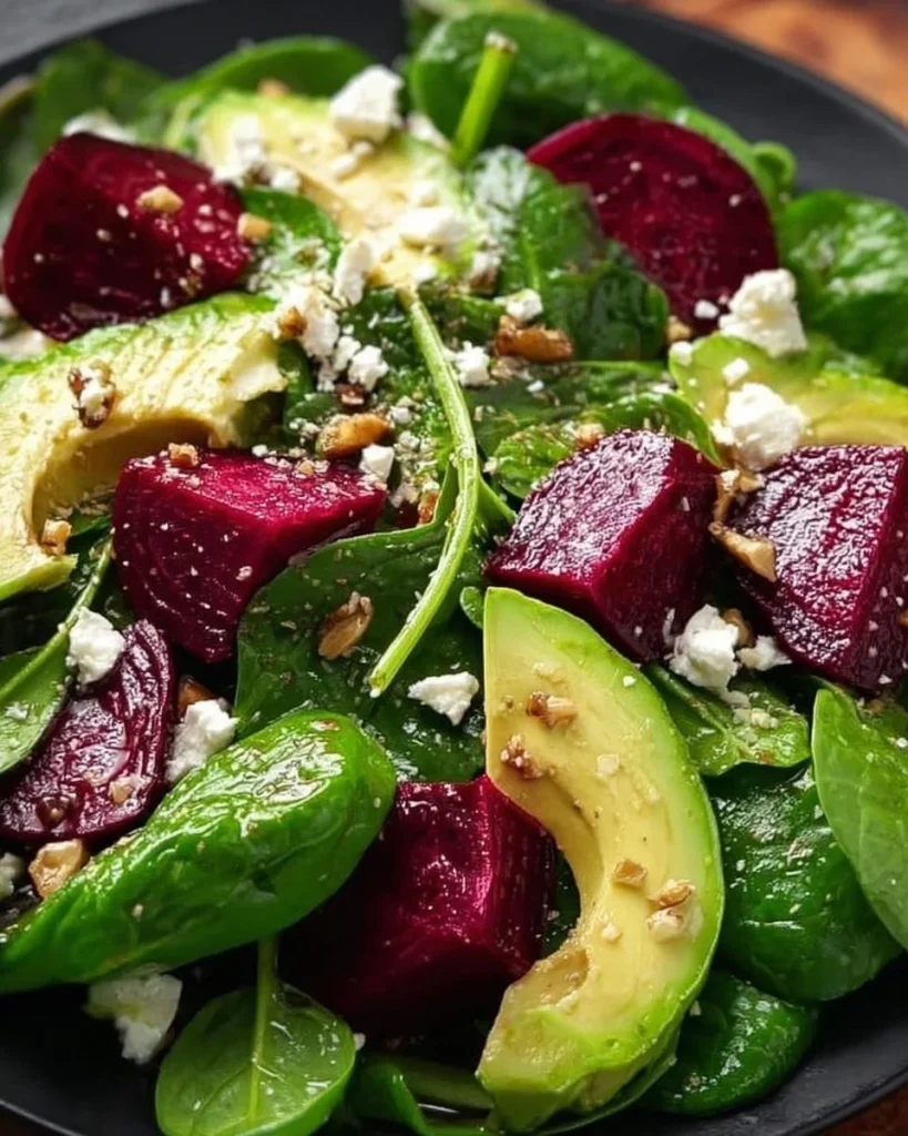 Spinatsalat mit Roter Bete und Avocado auf einem Teller angerichtet