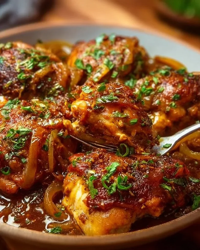 Südliche geschmorte Hähnchen, zubereitet mit Gewürzen und Beilagen