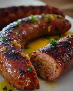 Thüringer Rostbratwurst auf dem Grill mit würzigen Zutaten