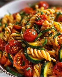 Leckere Tomaten-Zucchini-Pasta mit frischen Zutaten auf einem teller.