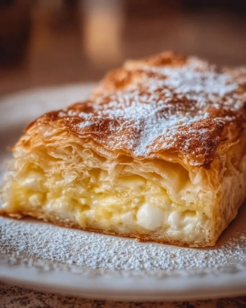 Leckerer Topfenstrudel (Quarkstrudel) auf einem Teller serviert.