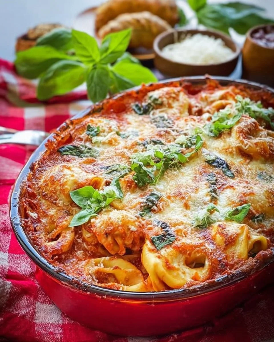 Tortellini Gratin in einer Auflaufform, überbacken mit Käse
