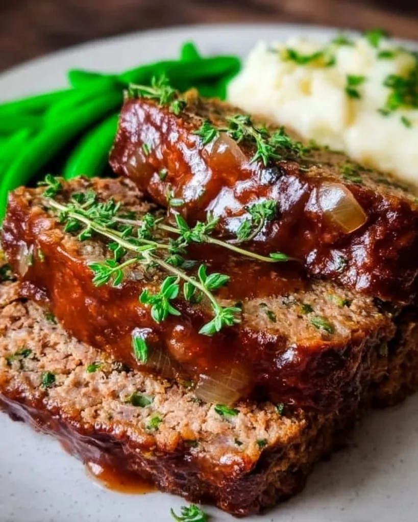 Traditioneller Hackbraten mit Zwiebeln auf einem Holzbrett serviert.