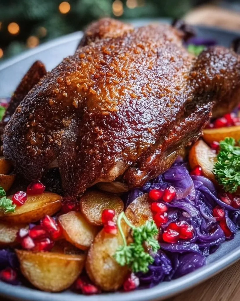 Festliche Weihnachtsgans auf einem Tisch gedeckt mit Beilagen und Dekorationen