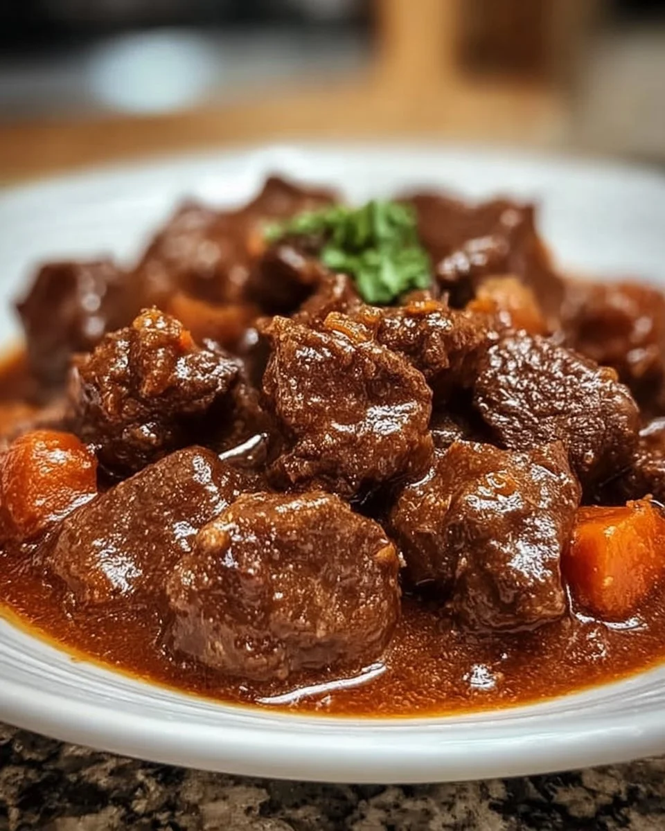 Ein Teller Wildschweingulasch mit Beilagen und Kräutern