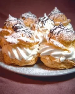 Leckere Windbeutel aus Brandteig auf einem Teller
