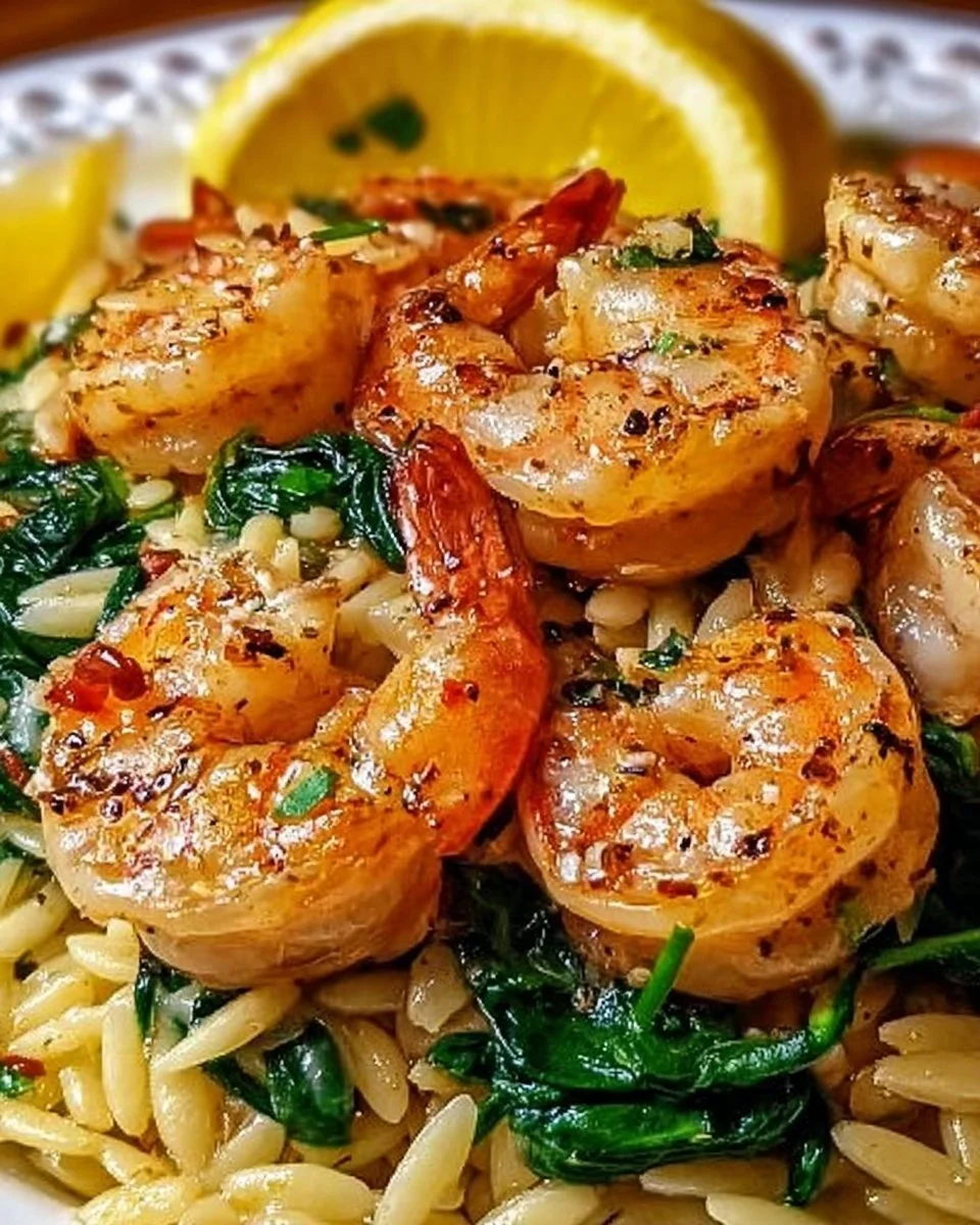 Zitronen-Knoblauch-Garnelen mit Spinat-Orzo auf einem Teller angerichtet.