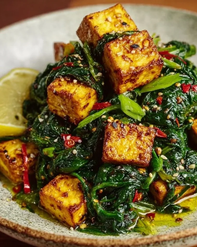 Zitronen-Knoblauch-Tofu-Pfanne mit Spinat