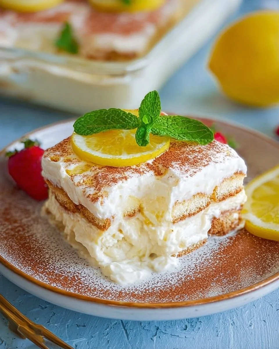 Zitronen-Tiramisu mit frischen Zitronenscheiben und cremiger Schicht.