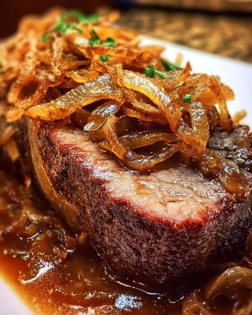 Zwiebelrostbraten mit Rindfleisch und Zwiebeln auf einem Teller serviert.