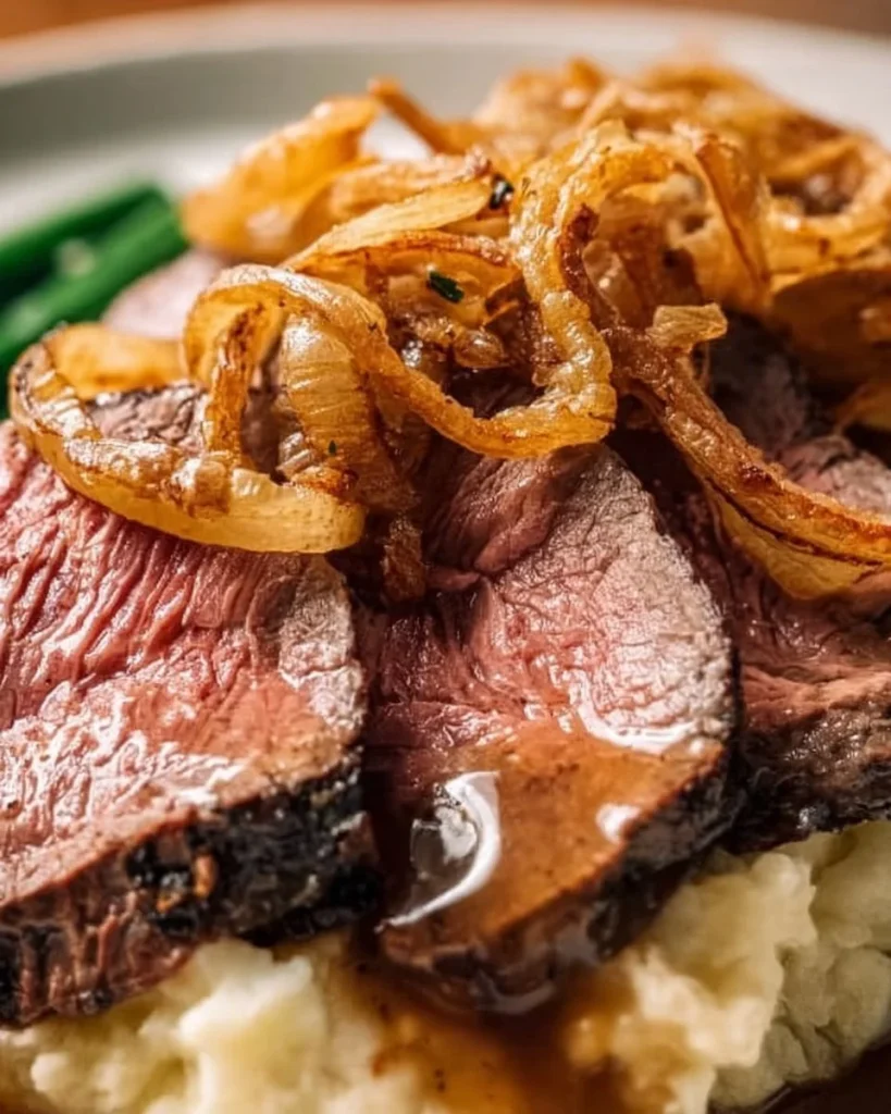 Zwiebelrostbraten mit Zwiebeln und Beilage auf einem Teller serviert