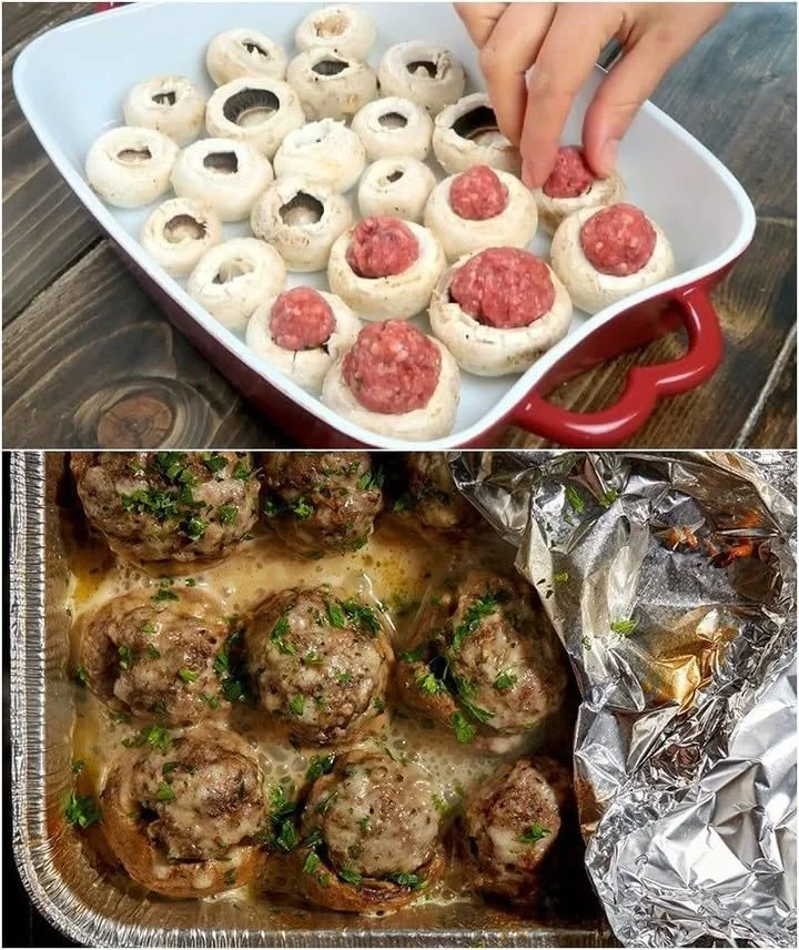 Gefüllte Champignons mit leckerer Füllung auf einem Teller serviert.