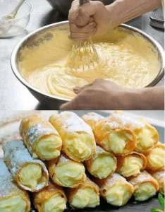 Italienische Cannoncini gefüllt mit cremiger Puddingcreme auf einem Teller