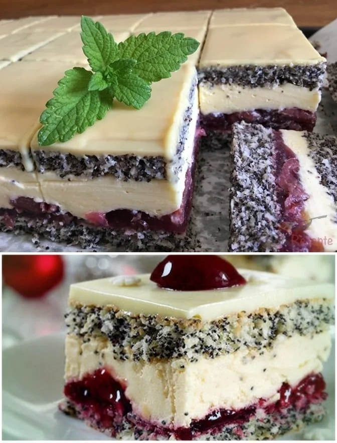 Mohn-Kirsch-Kuchen mit saftigen Kirschen und Mohn in appetitlicher Präsentation.