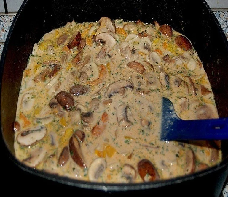 Puten Sahne Gulasch serviert auf Bandnudeln in einem eleganten Teller.