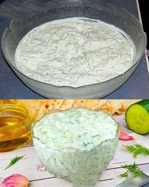 Selbstgemachtes Tzatziki in einer Schüssel, serviert mit frischen Kräutern.
