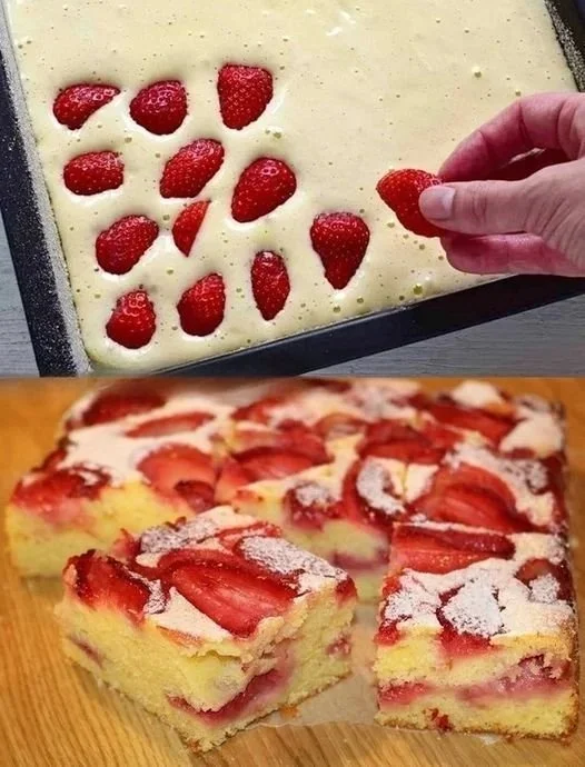 Schneller Erdbeer Biskuitkuchen auf einem Teller mit frischen Erdbeeren